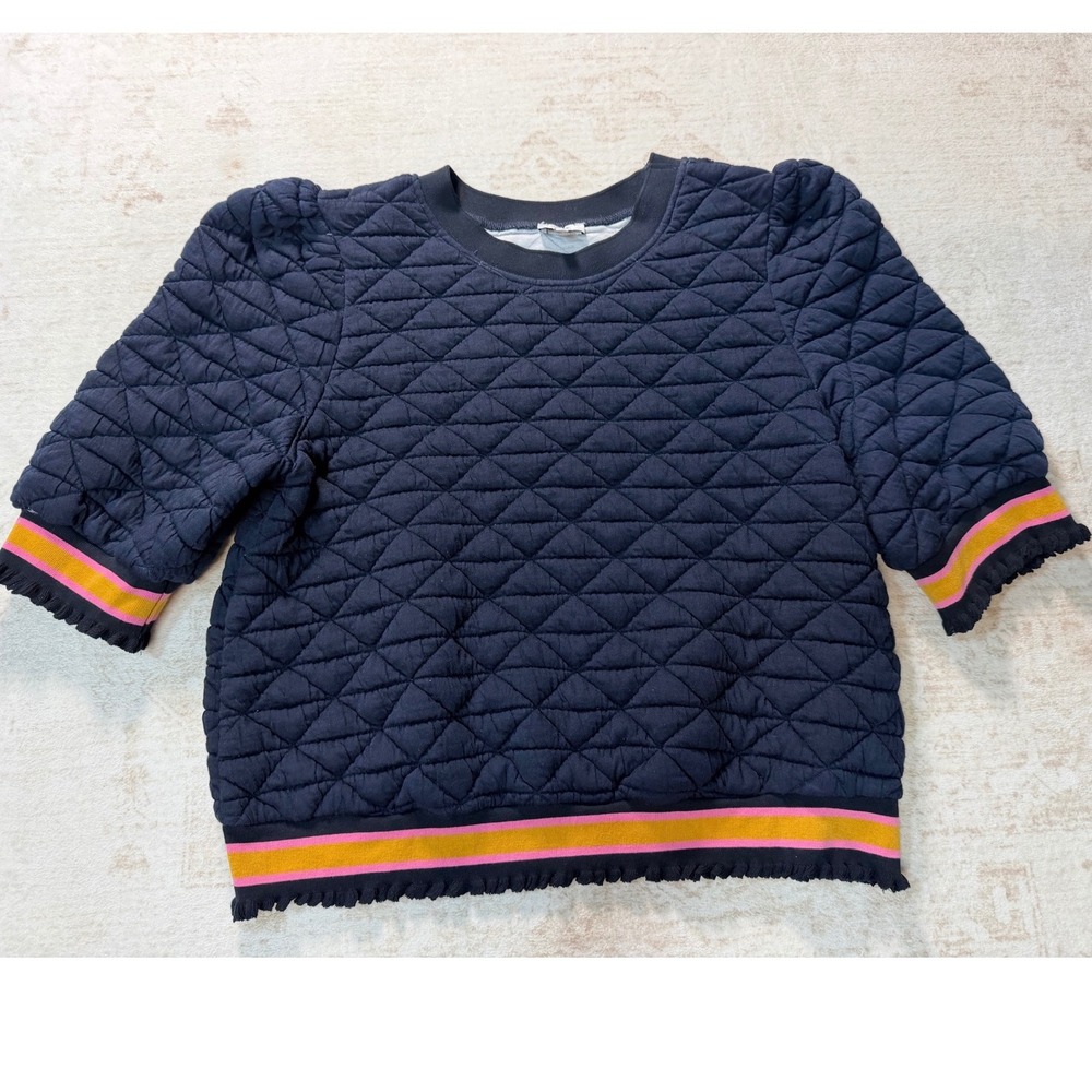 Voy Navy Diamond Quilted Short Sleeve Puff Shoulder Sweatshirt Pink Yellow M